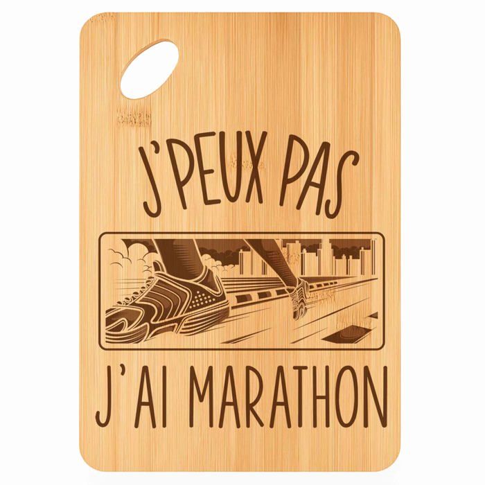 Planche à découper / Plateau apéro - PLANETEE - Planche Marathon gravée "J'peux pas" - Bambou - 30x20x1 cm - Trou Ø24 mm
