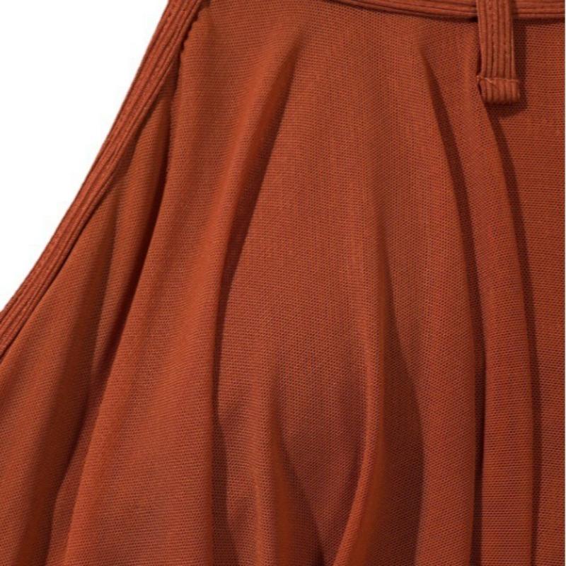 Damen Brauner Gerippter Neckholder Badeanzug mit Durchsichtigem Netz-Überzug