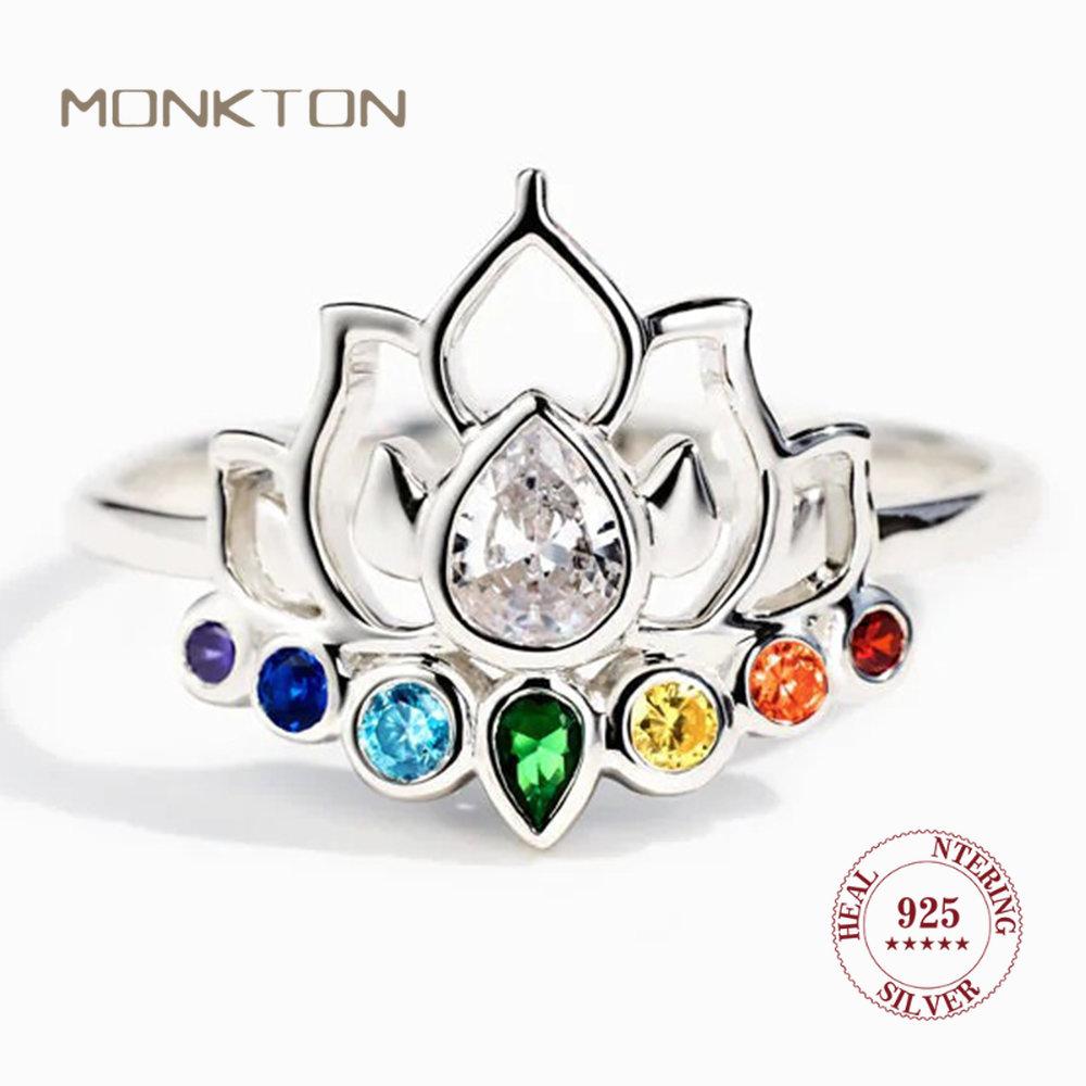 Monkton Original 925 Silver Rings New Lotus Flower Boho Colorful Engagement Rings for Women Fine Jewelry Gift