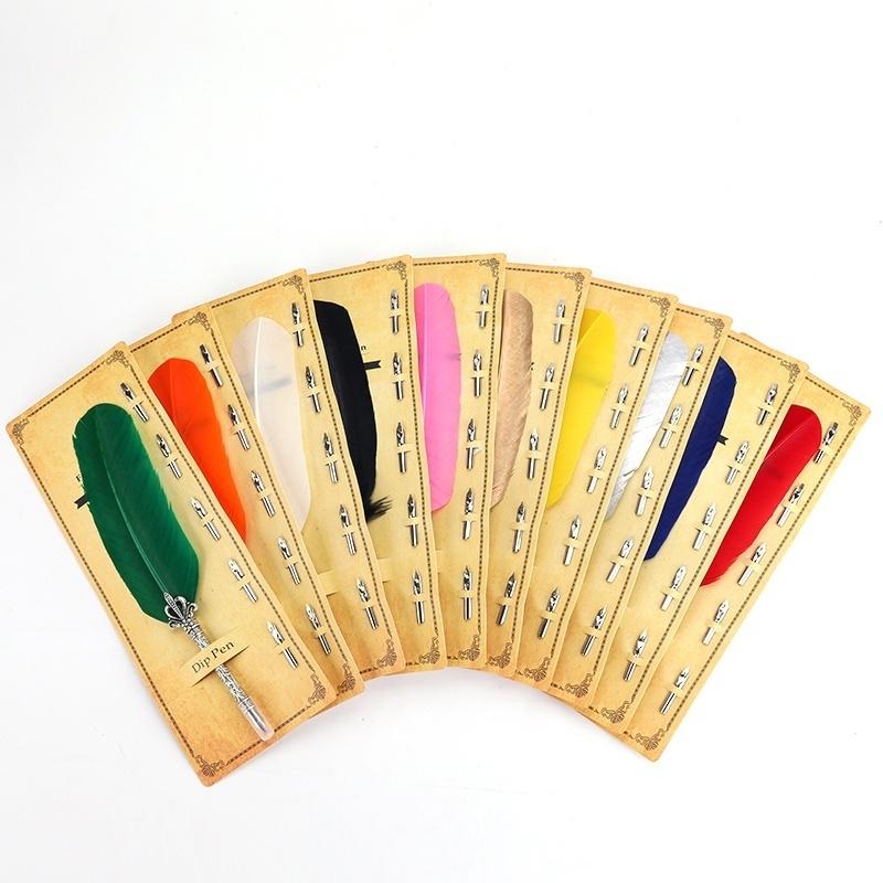 1Pc New Feather Quill Dip Pen Set with 5 Replaceable Nibs Antique Style Fountain Pen for Calligraphy Wedding Gift