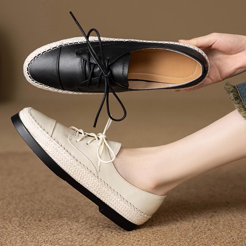 Fashion Women's new leather cowhide lace up woven fabric round toe low heel comfortable plus size single shoe casual shoes
