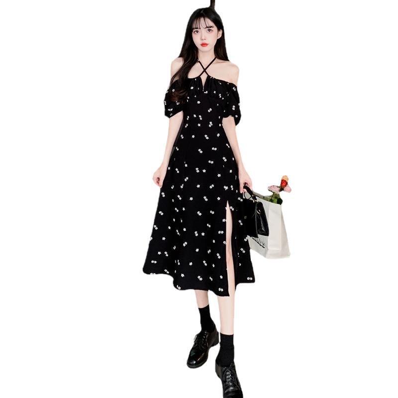 European and American style chiffon large size fat MM high waist waist black floral waist floral split bubble sleeve dress women
