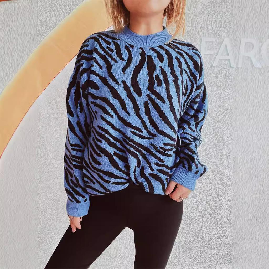 Women's new autumn and winter commuting knitted zebra print contrasting pullover sweater KTB