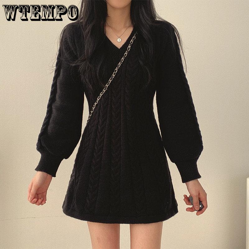 Spring and Autumn Women's V-neck Sweater Dress Knitted Waist Fashionable Lantern Long Sleeve A-line Dress