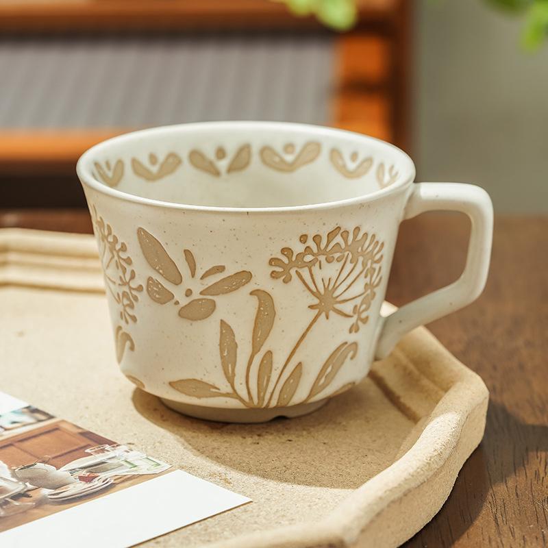 1PC Stoneware Mugs Vintage With Handles Office Coarse Pottery Cafe Plant Carving Nordic Ceramic Coffee Mug Fruit Tea Household