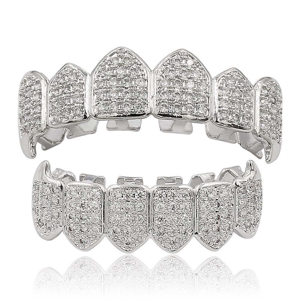 Set de Dientes Cz Hiphop Para Unisex Boca Superior Inferior Color Oro Plata Dientes Cubre Dientes Extraíble Moda Dental Joyería Dental gray
