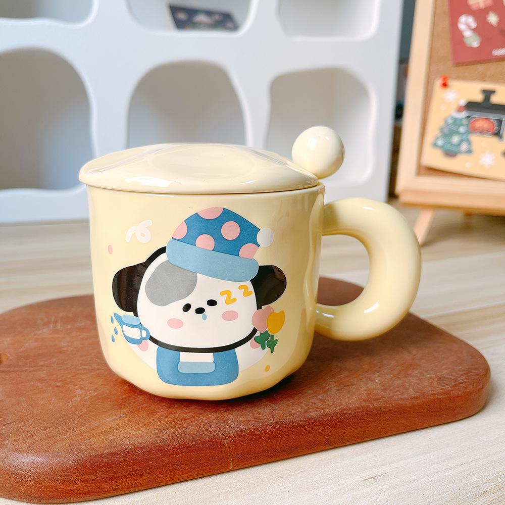 Cute Cartoon Puppy Couple Ceramic Cup Mug Water Cup Girls Boys Gift Souvenir with Cover Spoon