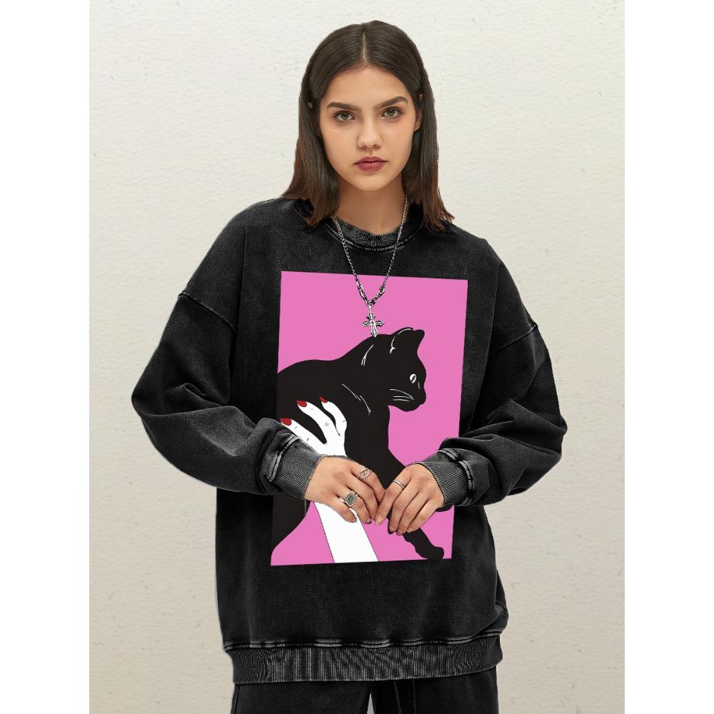 

Женский свитшот с принтом черного кота, хлопковый, уличная одежда, удобная мягкая одежда, свободная спортивная одежда S