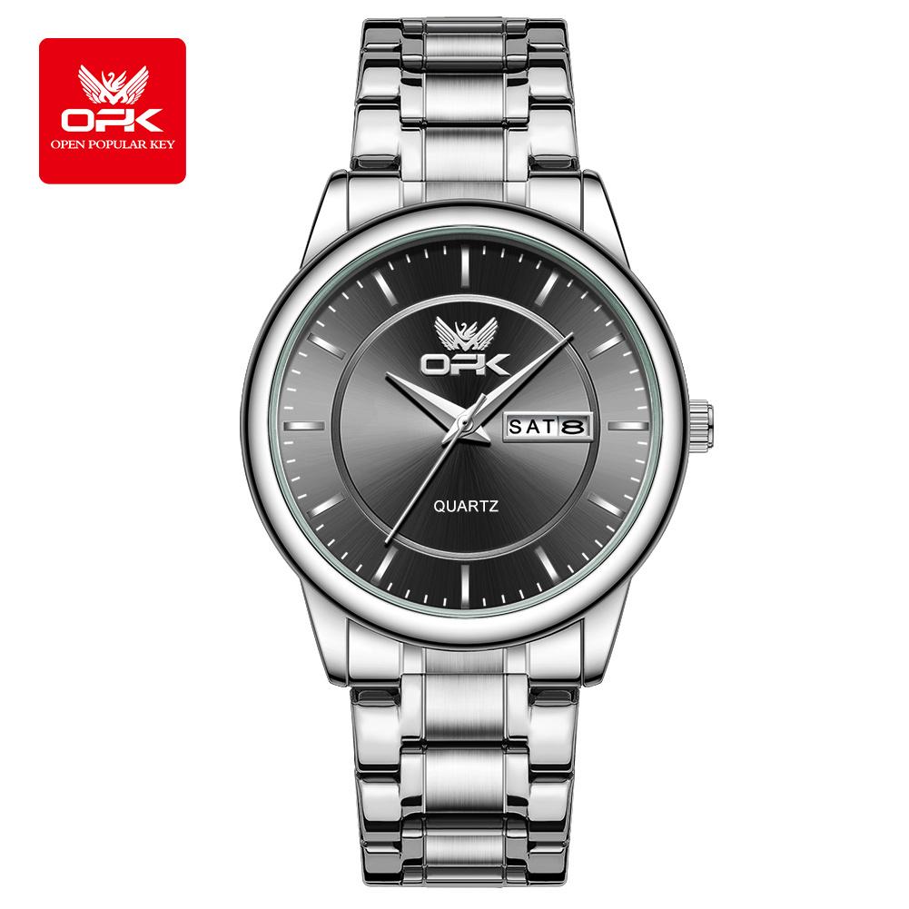 OPK 6022 Men Watches Elegant Fashion Quartz Wristwatch for Men Waterproof Leather Strap Dual Calendar Window Display Watch