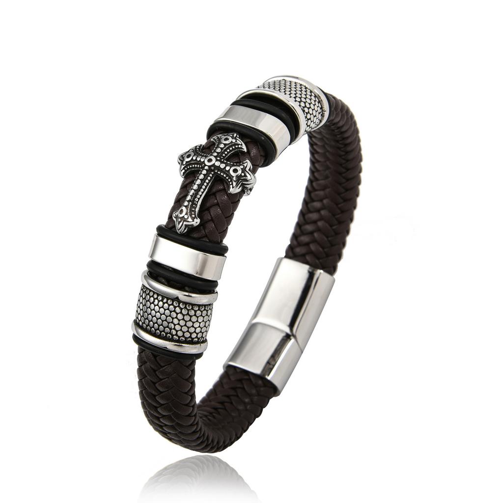 European and American Magnetic Buckle Woven Leather Bracelet Retro Cross Men's Bracelet 2026