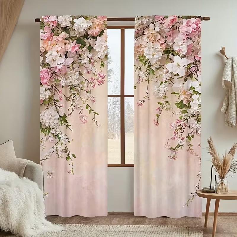 2Pcs Pink flower wall Print Curtains,suitable for Bedroom,living Room,home Decor,living Room Curtains Set Window Curtain