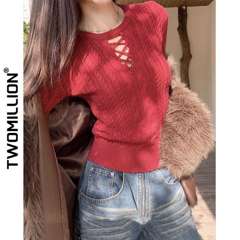 Spicy Girl Slim Fit Hollow Knit Sweater - Long-Sleeved Autumn/Winter Layer for Women