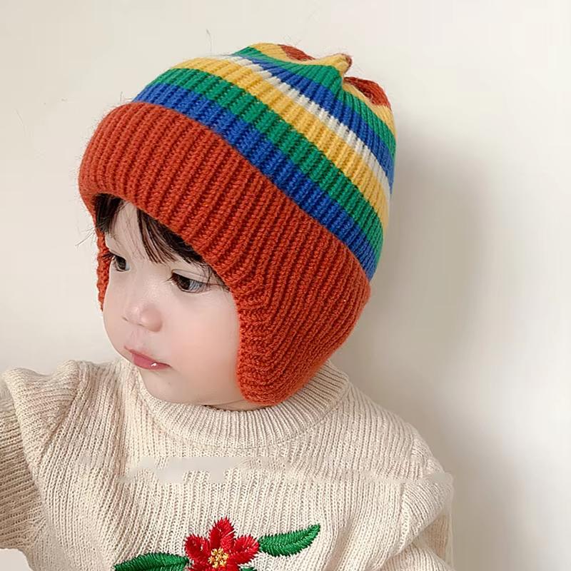 Winter Baby Knit Hat Korean Striped Rainbow Beanie Cap for Toddler Boys Girls Colorful Kids Warm Ear Protection Caps Bonnet