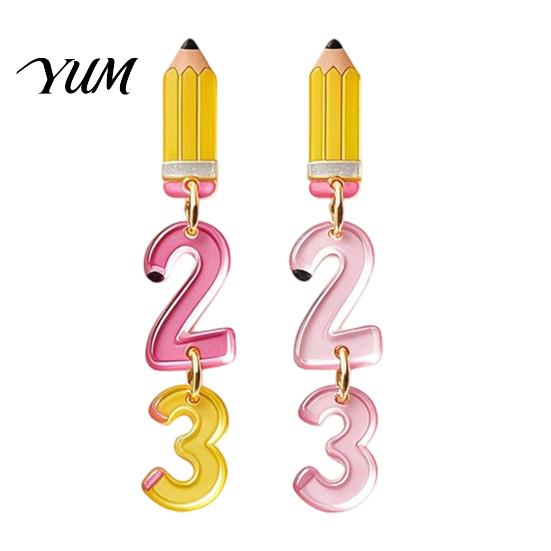Personalized School Life Ornaments 1 Pair Teacher Earrings for Women, Cute 2D Acrylic Crayon Pencil Backpack Fun Back to Jewelry Number Alphabet