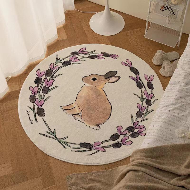 Mori Style Round Rabbit Rug: Cute French Coffee Table, Bedroom, or Study Floor Mat
