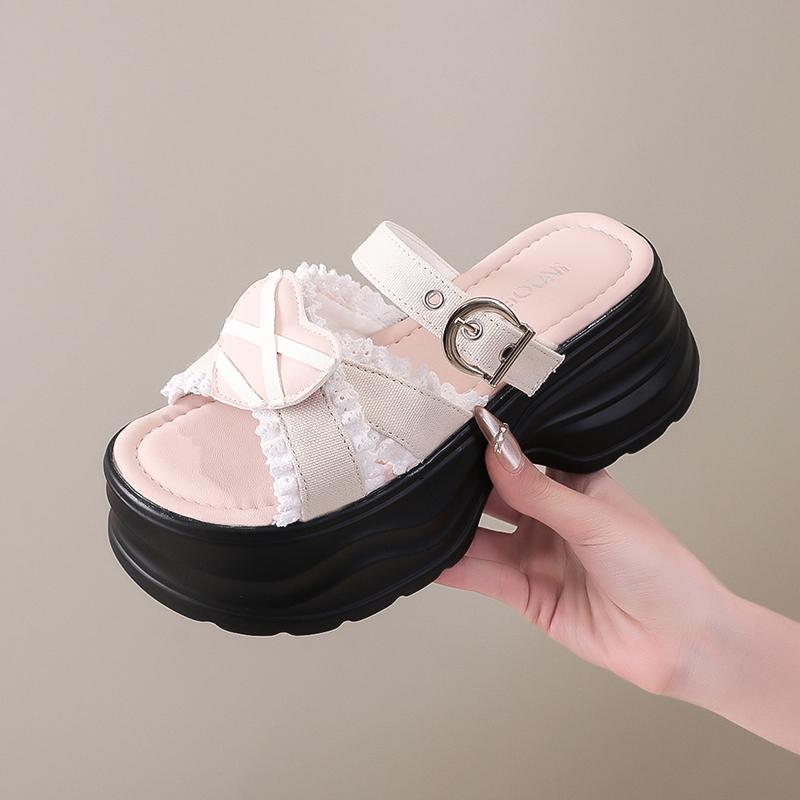 Modne 7,5CM Letnie Damskie Kapcie Damskie Plażowe Japonki Grube Jeansowe Buty Koturny Obcasy Zewnętrzne Sandały Kobieta Wysokie Platformy Kapcie