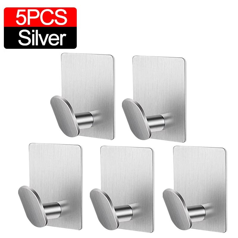 10/1pc Stainless Steel Wall Hooks Bathroom Robe Hook Adhesive Key Clothes Hanger Towel Holder Kitchen Bathroom MultiPurpose Hook