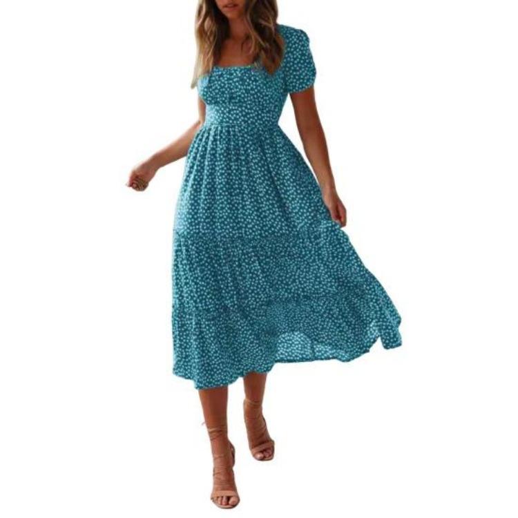 Flowy Boho Summer Dress Floral Swing Tiered Beach Sundress Women Casual Square Neck Short Sleeve Ruffle A Line
