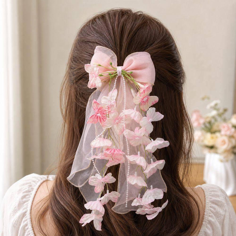Sheer Ribbon Hair Bow Clip Flower Vine Tassels Ribbon Hair Clip Fashion Bow Hair Clip Gifts