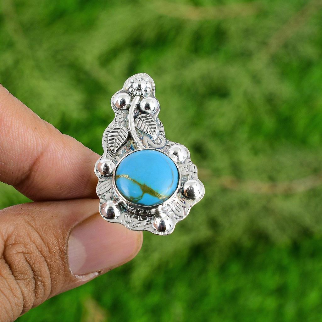 Natural Copper Arizona Turquoise 925 Silver Flower Adjustable Ring For Women