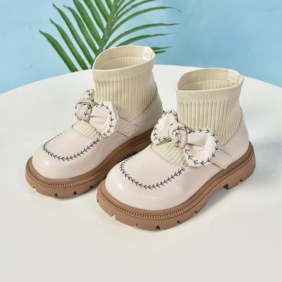 Girls Princess Bow Martin Boots Autumn Winter Short Leather Boots Knitted Single Boots Comfortable Warm