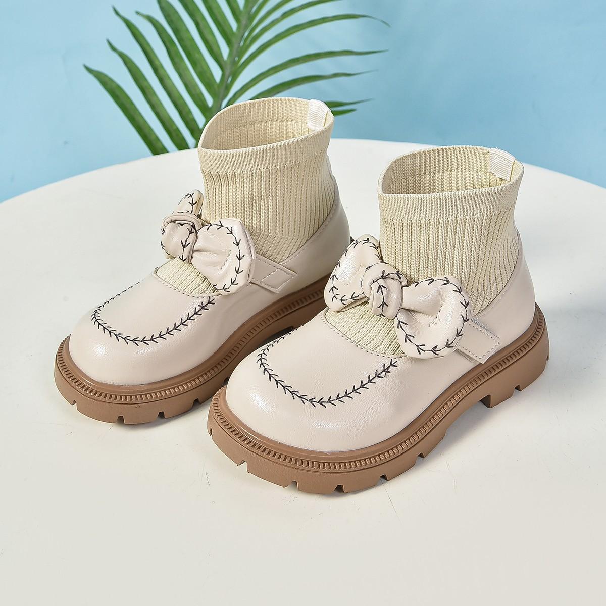 

Girls Princess Bow Martin Boots Autumn Winter Short Leather Boots Knitted Single Boots Comfortable Warm size 25