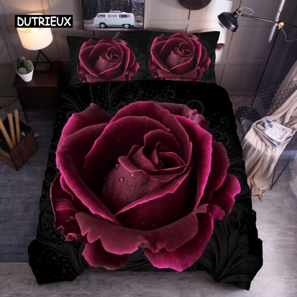 Flower Duvet Cover Set King Microfiber Red Rose Blossom Flower Bedding Set Red Botanical Comforter Cover Romantic Quilt Cover
