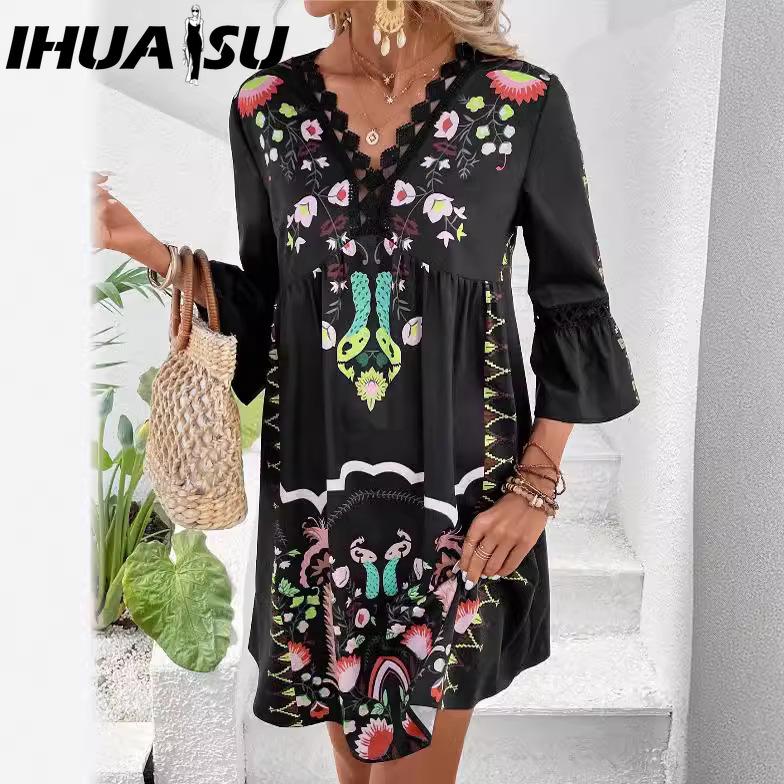 

IHUASU Women s Summer V-neck Lace Patchwork Casual All-match Print Dress S чёрный