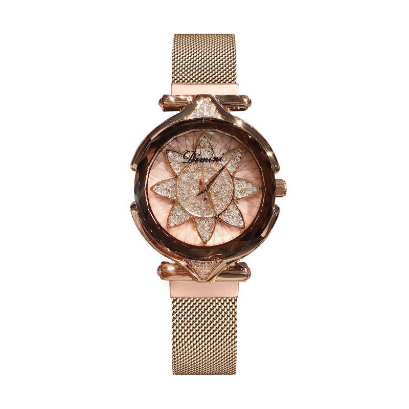 New Women's Watch Rhinestone Sunflower Women's Watch Mesh Chain Magnetic Buckle Strap Quartz Watch