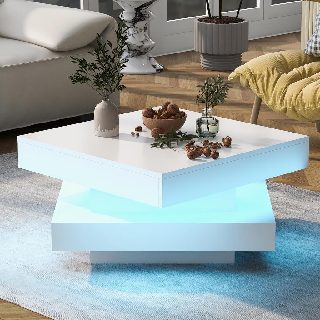 Coffee Table White High Gloss Modern Swivel Top, White 16-Color LED Lighting, Techno Style, Sofa Table, Coffee Table, 70x70x36cm