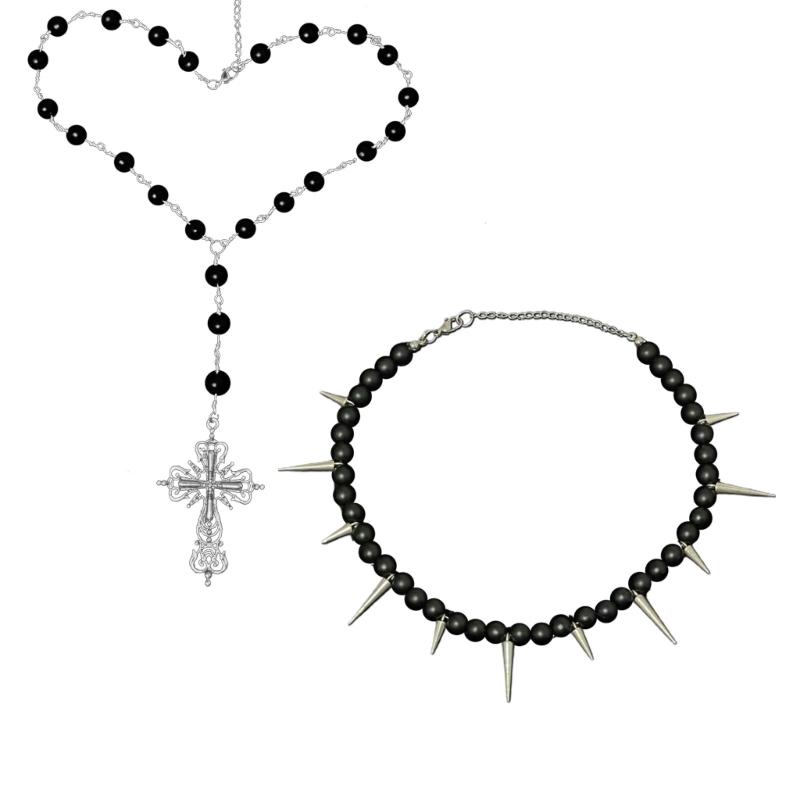 Trendy Cone Pearls BlackBeads Pendant Necklaces Punk Inspired Chain Choker Ornaments Gothic Charm Edgy Accessories