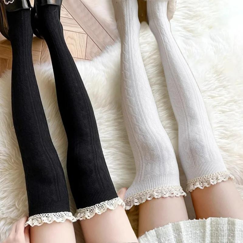 Lolita Lace Up Long Knee Socks for Women Over Knee Thigh High Stockings Spring Autumn Fashion Girls Warm Sexy Cotton JK Tights