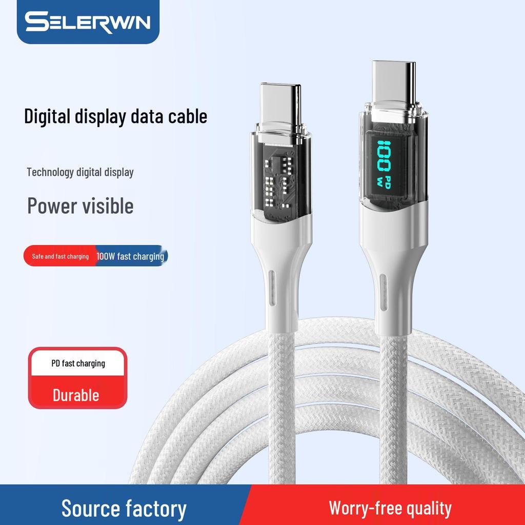 100W Transparent Fast Charging Dual Type-C Cable with Digital Display for Huawei & Apple Laptops