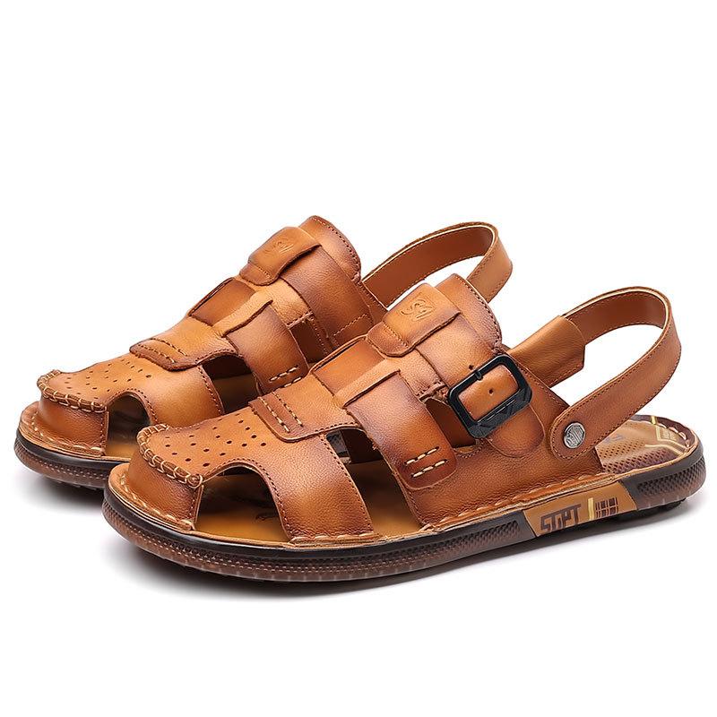 Sandals summer men's leather bag head sandals men's wear dual-purpose non-slip cowhide beach shoes men's slippers can drive