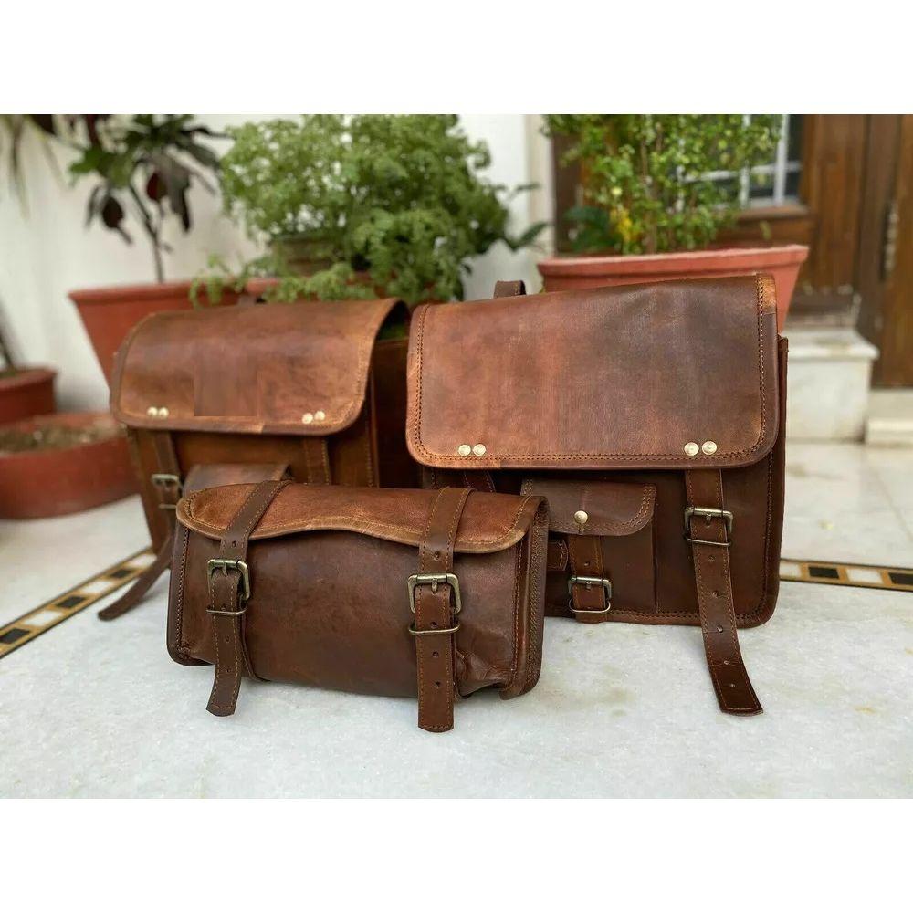 Saddlebags Motorcycle Side 3 Pouch Leather Panniers 3 Bags (2 Large + 1 Small)