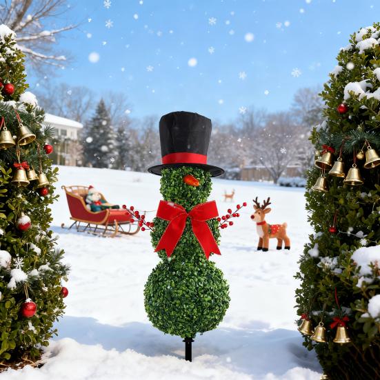 Christmas Topiary Decoration Snowman 31" Artificial Shaped Tree with Red Bow Year-Round Greenery Decor Santa Hat Faux Boxwood for Home Front