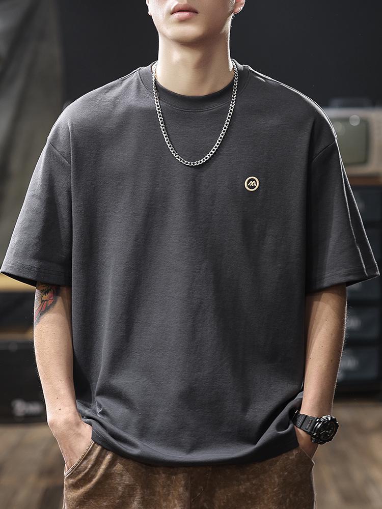 

Мужская летняя футболка 2025 года из плотной ткани, модного свободного кроя, с белыми рукавами до локтя 2XL for 160-180 lbs темно-серого