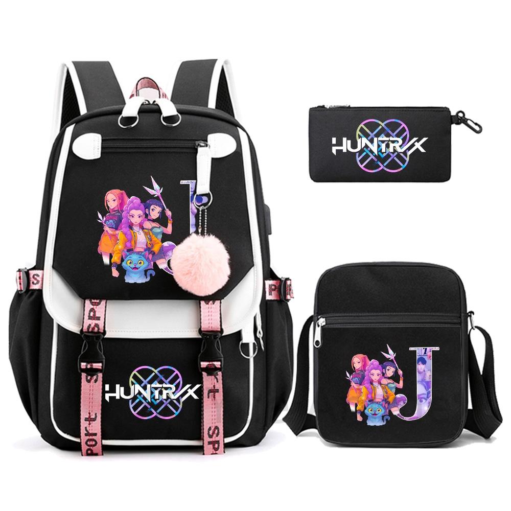 3Pcs/set Anime Cartoon 26 English Letter Printed Backpack with Shoulder Bag for Teenager Student Girl Boy Bookbag Large Capacity Travel Bag Kid Gift