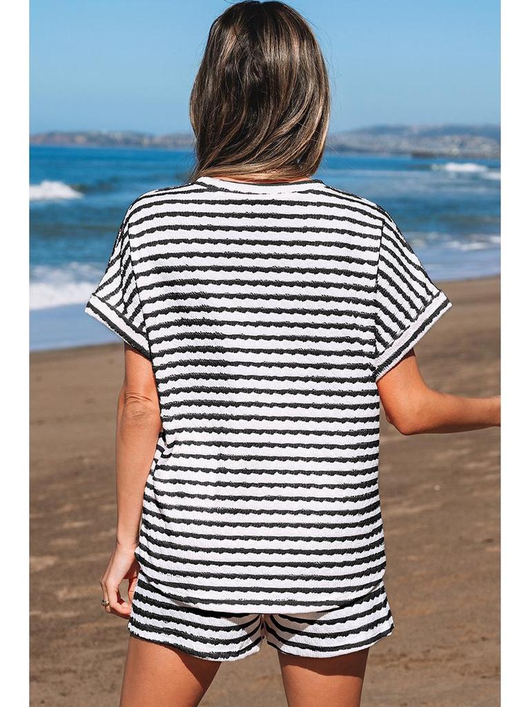 2025 Spring/Summer Women's Knit Drawstring Short-Sleeved Two-Piece Casual Set - European & American Fashion