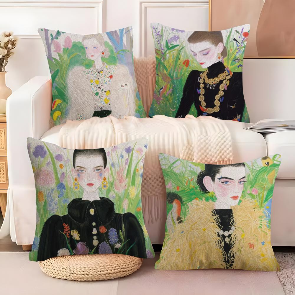 Fashion Illustration Cushion Cover Natural Linen Organic Fabric DoubleSided Printing Sofa Home Decor Breathable Bed Pillow