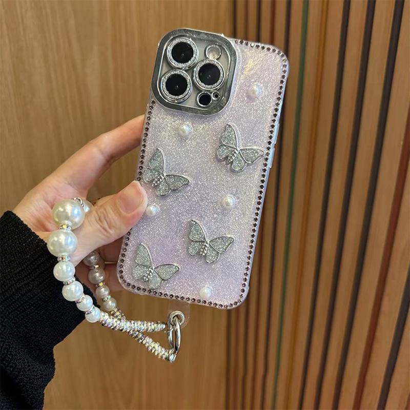 Rhinestone Butterfly Pearl Mobile Phone Case Is Suitable For Apple 17Promax Epoxy Glitter Iphone16 Fine Hole Anti-Drop Women