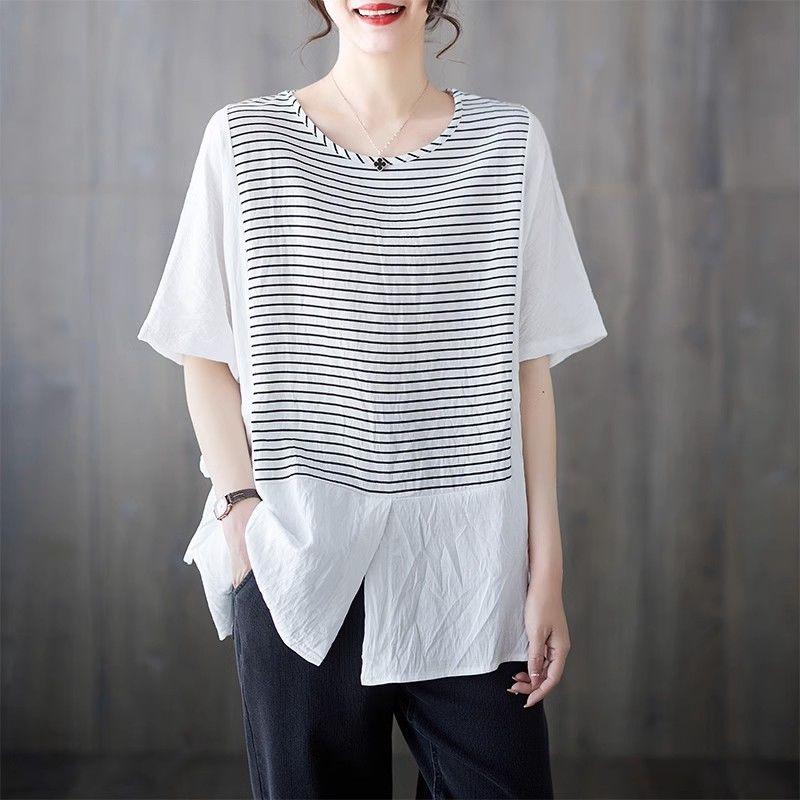 Large Size Middle-aged Mother's Summer Outfit New Striped Short-sleeved T-shirt for Women Fat Mm Top