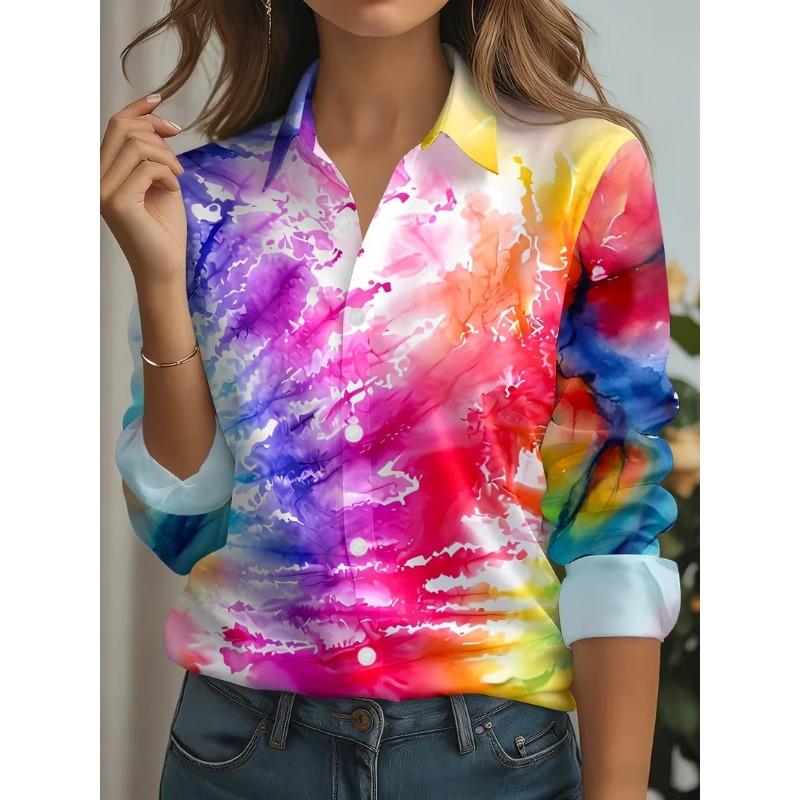 Spring Women's Button Shirt Elegant Colorful geometric patterns Lapel Blouses Long Sleeve Office Women Casual Printed Loose Tops