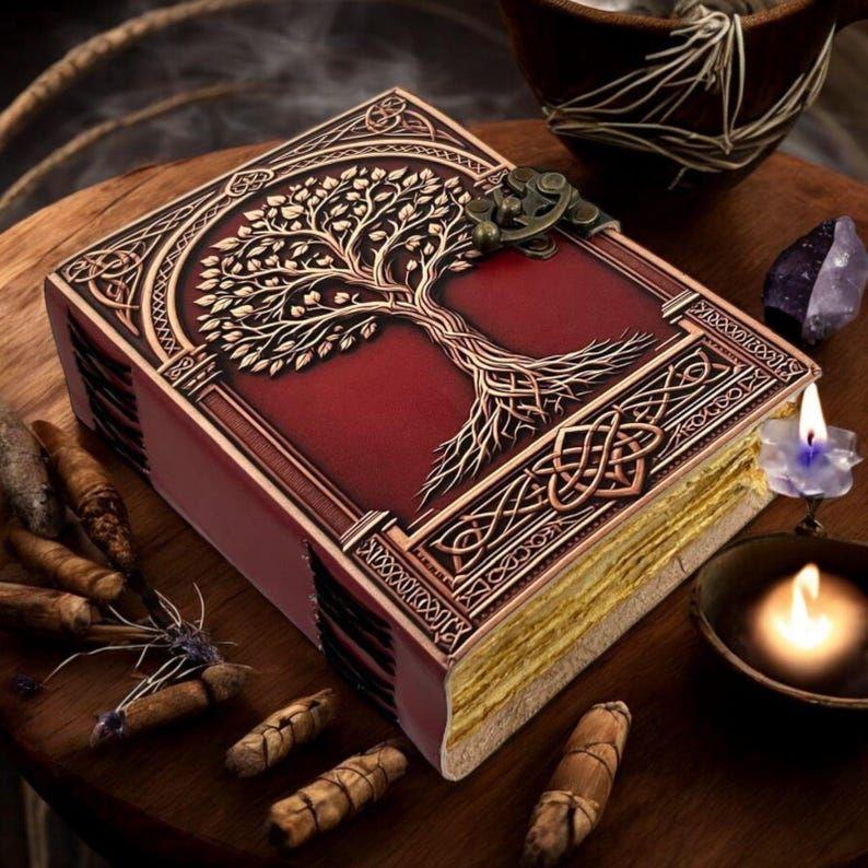 Large Grimoire Vintage leather journal, Tree of Life Fat Journal, Blank spell book of shadows Celestial Gifts For Him Her