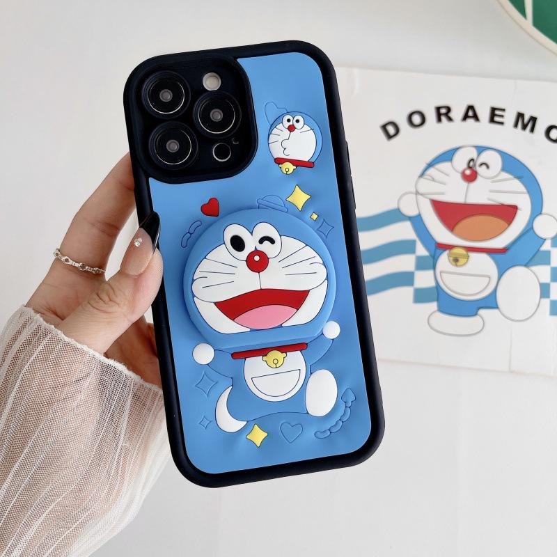 Doraemon 3D Silicone Phone Case for iPhone 15 Pro Max with Stand - Full Coverage Cartoon Design