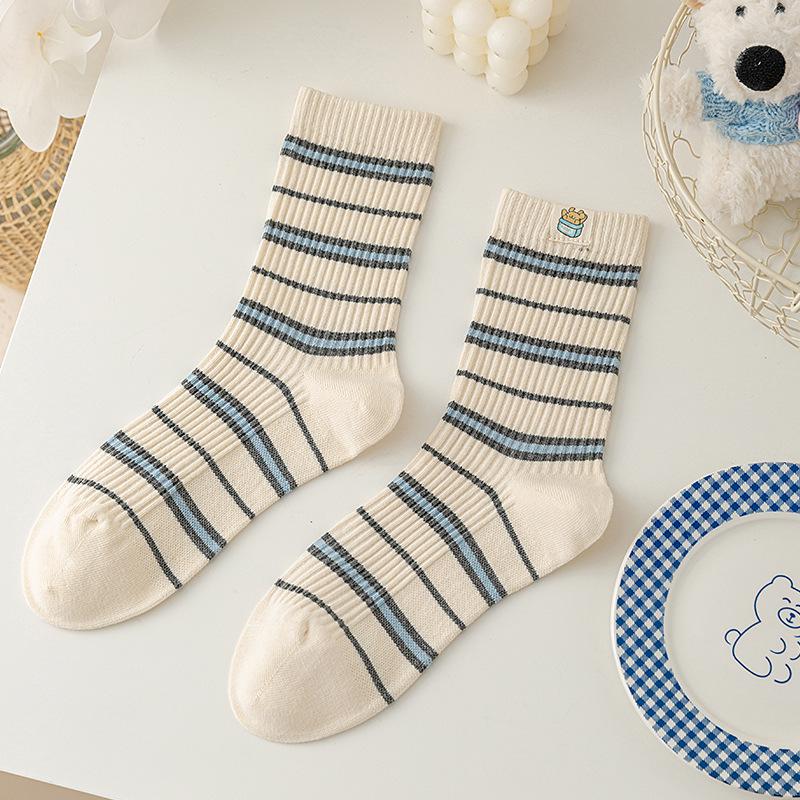 Women's Blue-Gray Striped Ruffled Socks with Lace Embroidery - Trendy Mid-Calf Style In Combed Cotton