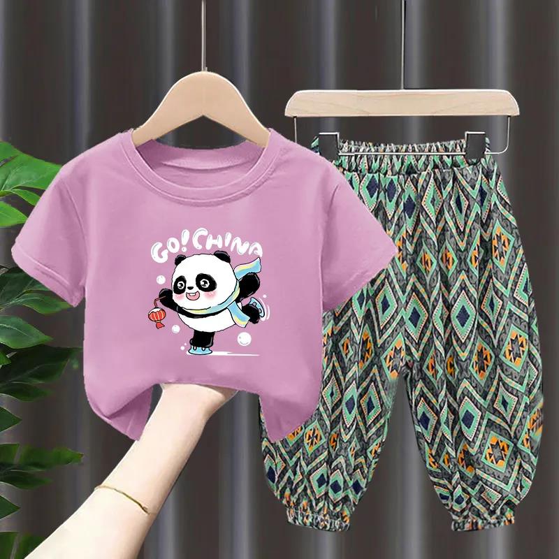 Panda Cartoon Pattern Set Children's Summer Thin Suit Casual Pants + Round Neck Short Sleeve T-Shirt Two-piece Set