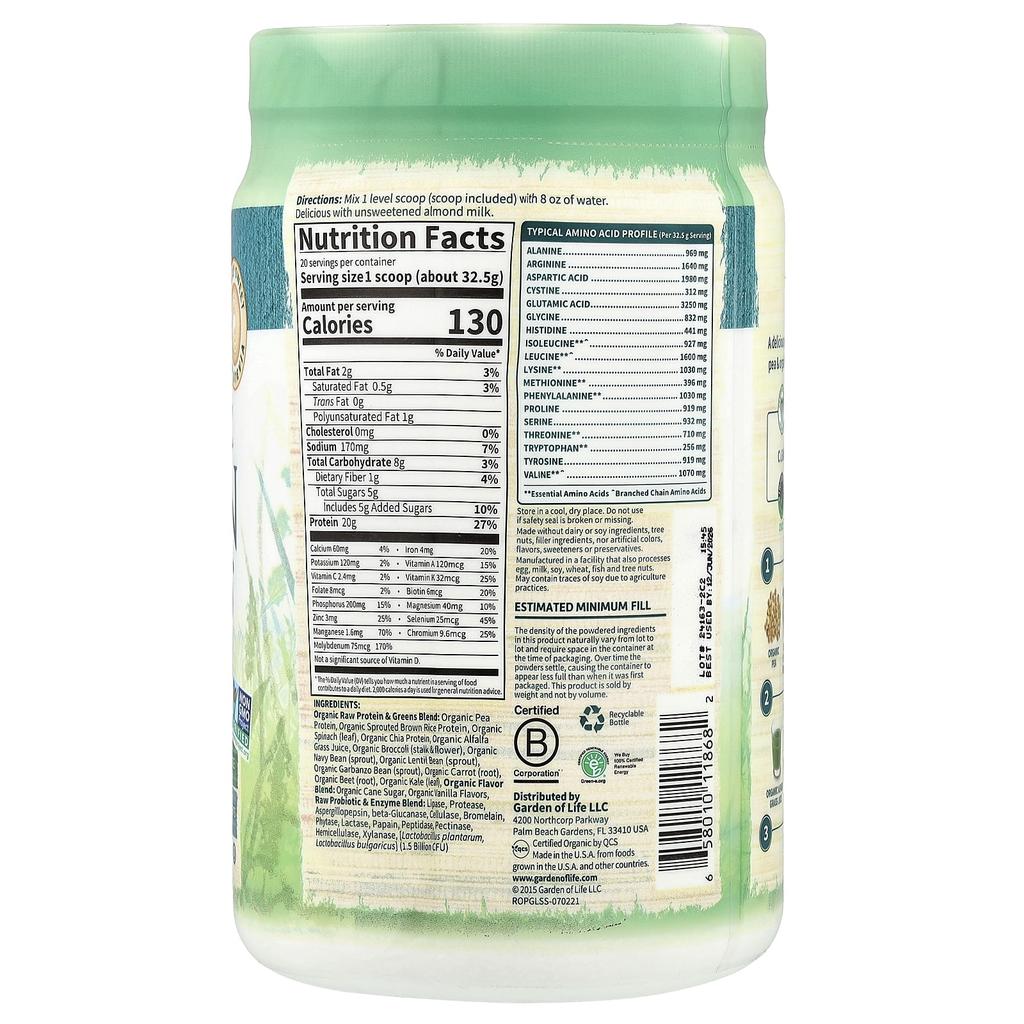 Raw Protein & Vegetables, Organic Plant Formula, Slightly Sweetened, 650G (22.92Oz)