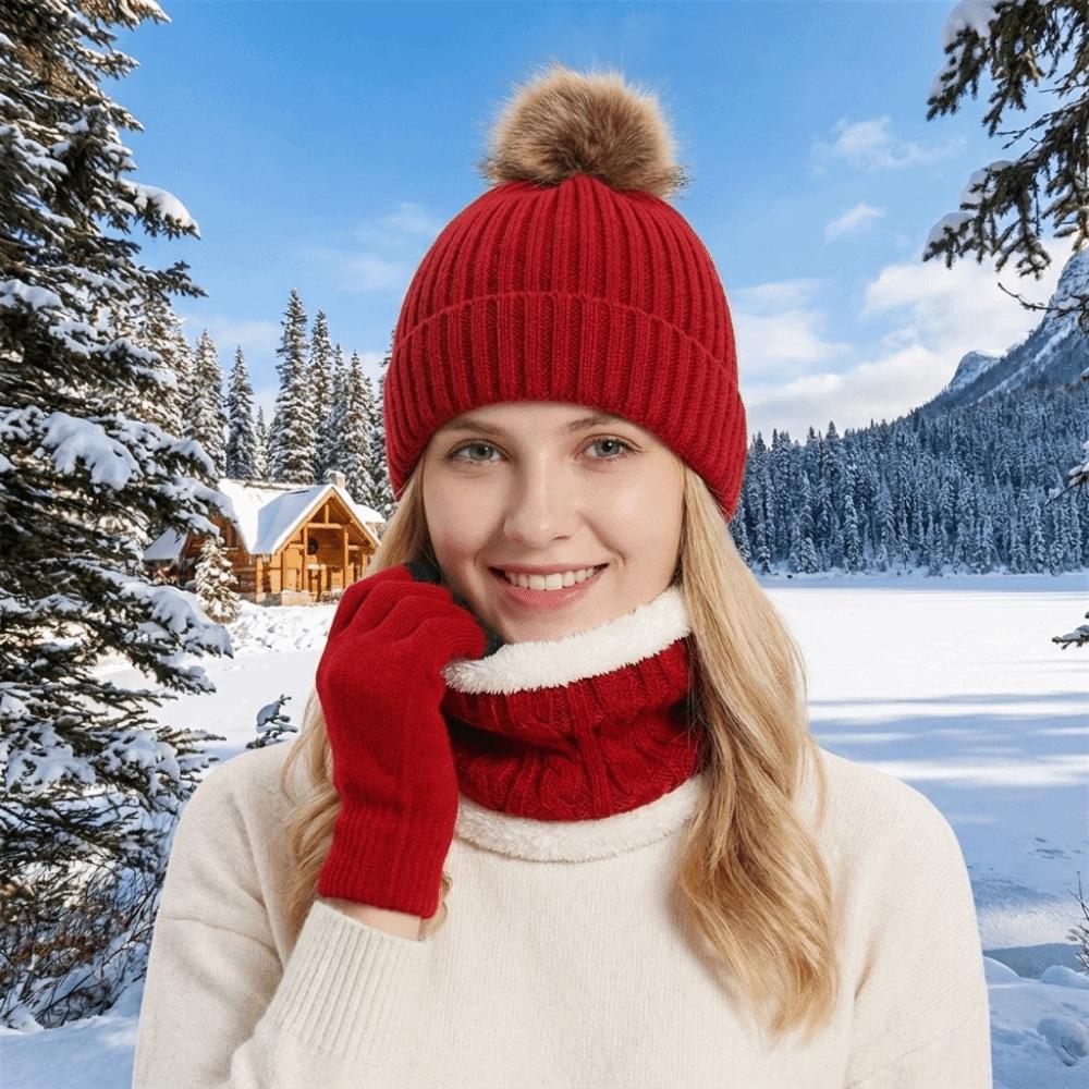 Beanie Hat Pompom Beanies Hat Thickened Winter Knitted Gloves Set Hat Scarf Gloves Set  Winter