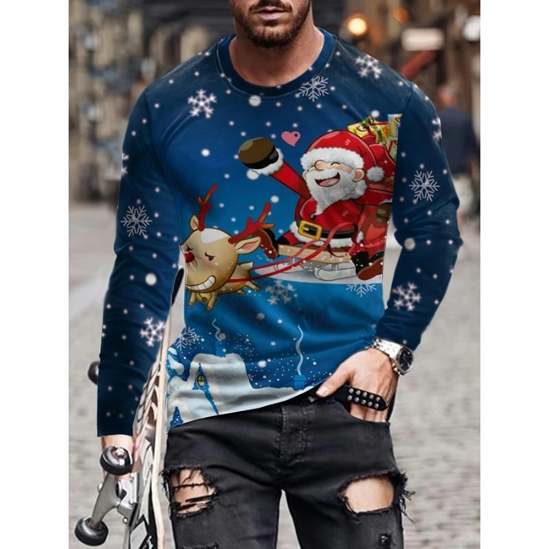Camisetas de manga larga con estampado 3D de Papá Noel para hombre, camisetas con estampado de Papá Noel para fiesta de Navidad, moda informal para hombre, cuello redondo, manga larga
